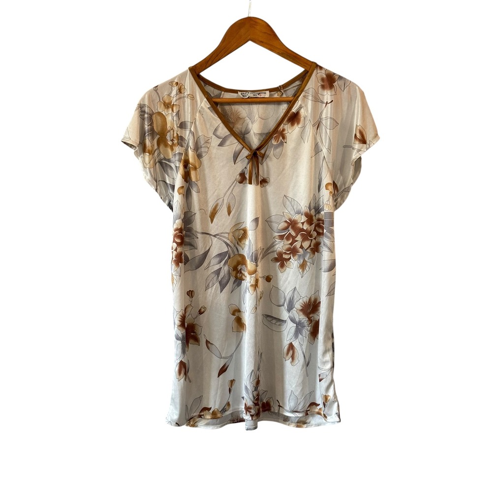 B.B. Fashion Lingerie Vintage Floral Nightgown Small White Brown Satin Sleepwear